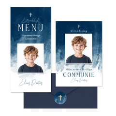 Communiekaarten waterverf blauw stijlvol jongen