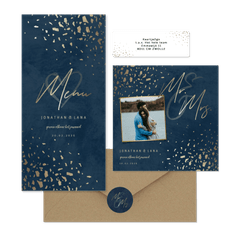 Donkerblauwe trouwset met gouden terrazzo 