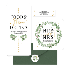 Trouwkaarten set eucalyptus stijlvol hip modern hartjes goud romantisch