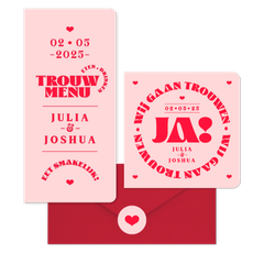 Trouwkaarten set modern typografisch romantisch hip roze rood