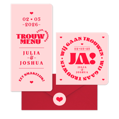 Trouwkaarten set modern typografisch romantisch hip roze rood