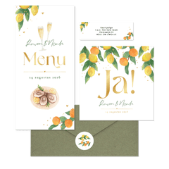Trouwkaarten mediterrane zomer citroenen mandarijnen fris waterverf goud