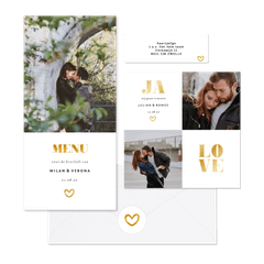 Stijlvolle trouwset met fotocollage in wit en goud