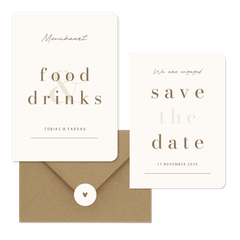 Minimalistische trouwkaart beige met bruin streep