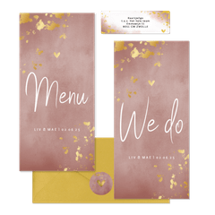 Trouwset oud roze waterverf en spetters goud
