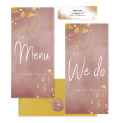 Trouwset oud roze waterverf en spetters goud