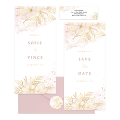 Romantische set gouden bloemen met roze waterverf