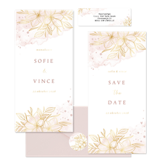 Romantische set gouden bloemen met roze waterverf