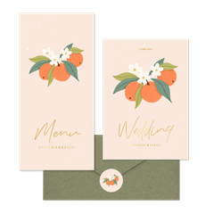 Zomerse trouwset met sinaasappels en goudfolie