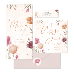 Trouwset waterverf bloemen en koperen hartjes