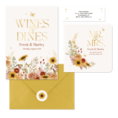 Trouwset romantisch bohemian droogbloem goud