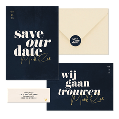 Trouwset donkerblauw met bold tekst en goud