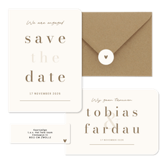 Minimalistische trouwkaart beige met bruin streep