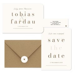 Minimalistische trouwkaart beige met bruin streep