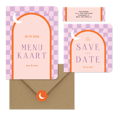 Moderne trouwset met lila ruitjes en oranje boog met maan