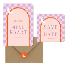 Moderne trouwset met lila ruitjes en oranje boog met maan