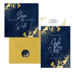 Donkerblauwe trouwset met gouden eucalyptus