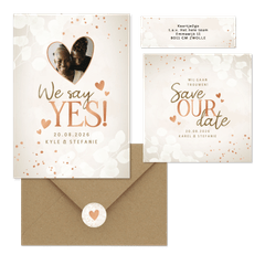 Beige trouwset met eucalyptus en hartjes