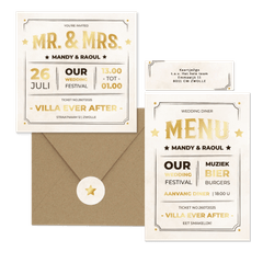 Moderne trouwset ticket vintage stijl met goud