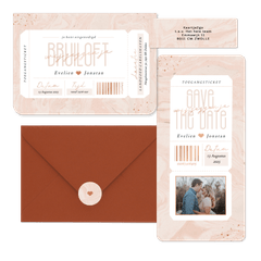 Trouwkaarten set met tickets op roze marmer