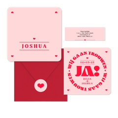 Trouwkaarten set modern typografisch romantisch hip roze rood