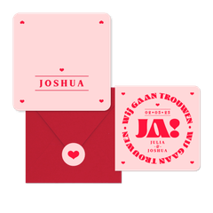 Trouwkaarten set modern typografisch romantisch hip roze rood