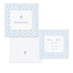 Romantische trouwkaartenset met lichtblauw roosjes patroon