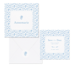 Romantische trouwkaartenset met lichtblauw roosjes patroon