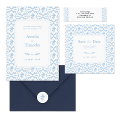 Romantische trouwkaartenset met lichtblauw roosjes patroon