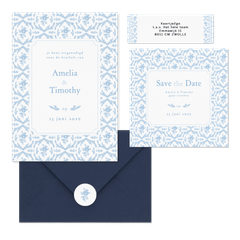 Romantische trouwkaartenset met lichtblauw roosjes patroon