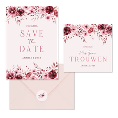 Klassieke trouwkaartenset in roze met aquarel rozen