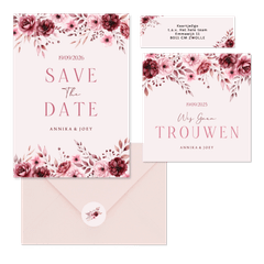 Klassieke trouwkaartenset in roze met aquarel rozen