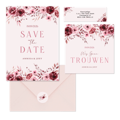 Klassieke trouwkaartenset in roze met aquarel rozen