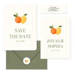 Trouwen geel ruitjespatroon met citroen en mandarijn