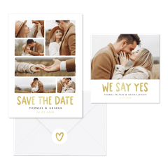 Moderne trouwset fotocollage goud met iconen