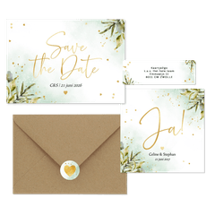 Trouwset botanische bladeren waterverf goud