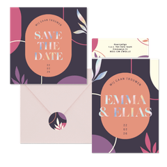 Trouwset donker met abstracte vormen paars