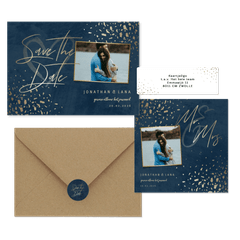 Donkerblauwe trouwset met gouden terrazzo 