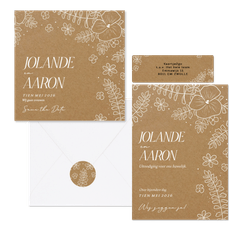 Trouwset kraft lijnillustraties witte bloemen