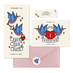 Trouwkaarten met tattoo stijl illustraties