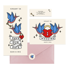 Trouwkaarten met tattoo stijl illustraties