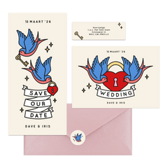 Trouwkaarten met tattoo stijl illustraties