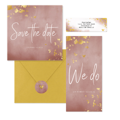 Trouwset oud roze waterverf en spetters goud