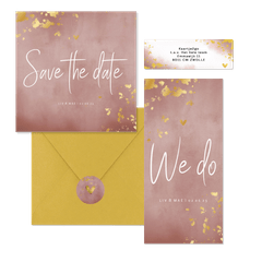 Trouwset oud roze waterverf en spetters goud