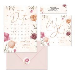 Trouwset waterverf bloemen en koperen hartjes