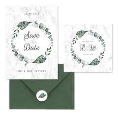 Trouwkaarten marmer en eucalyptus bladeren