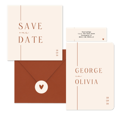 Trouwset minimalistische beige met terracotta lijn