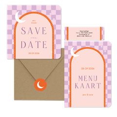 Moderne trouwset met lila ruitjes en oranje boog met maan