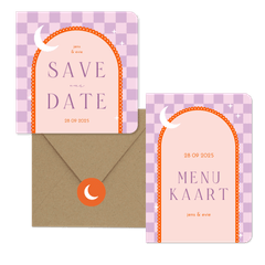 Moderne trouwset met lila ruitjes en oranje boog met maan