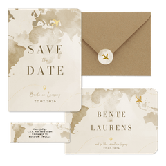 Trouwset reisthema waterverf wereld vliegtuig